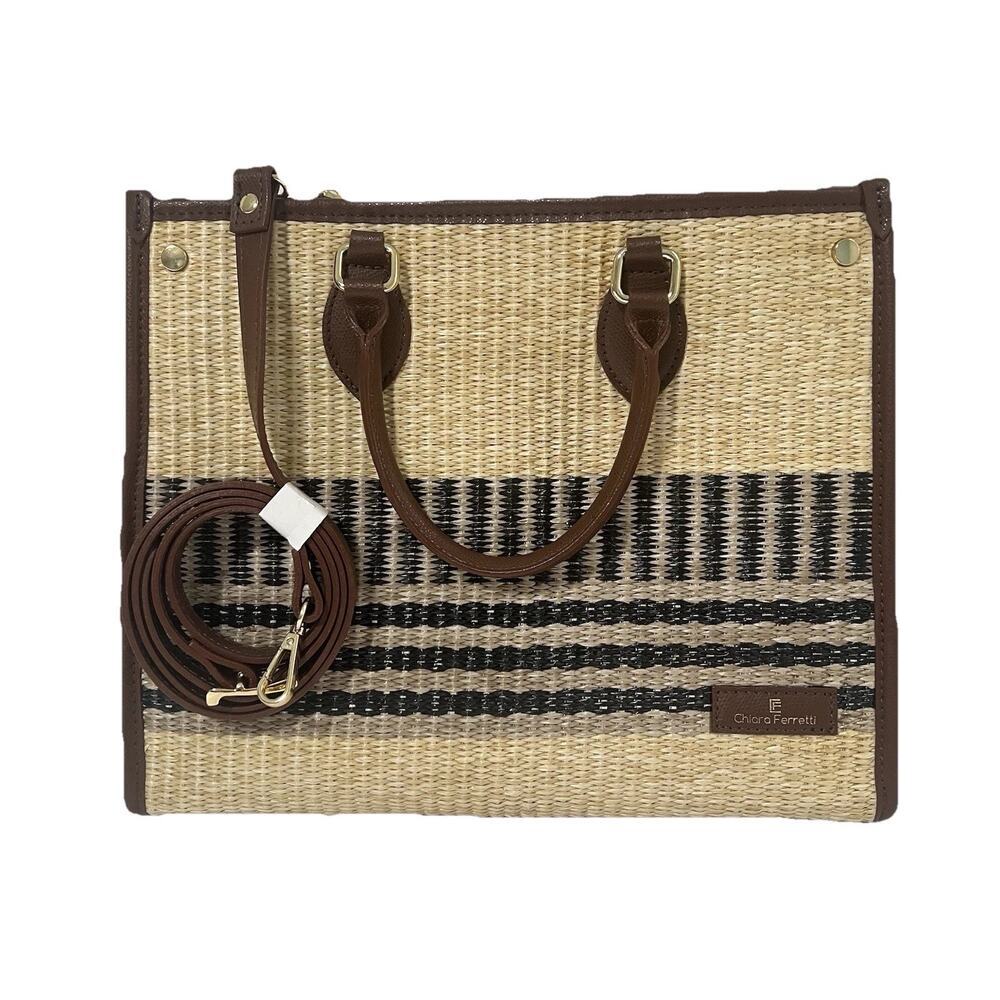 Chiara Ferretti Leather And Raffia Woven Satchel Bag Brown Crossbody Italy NEW
